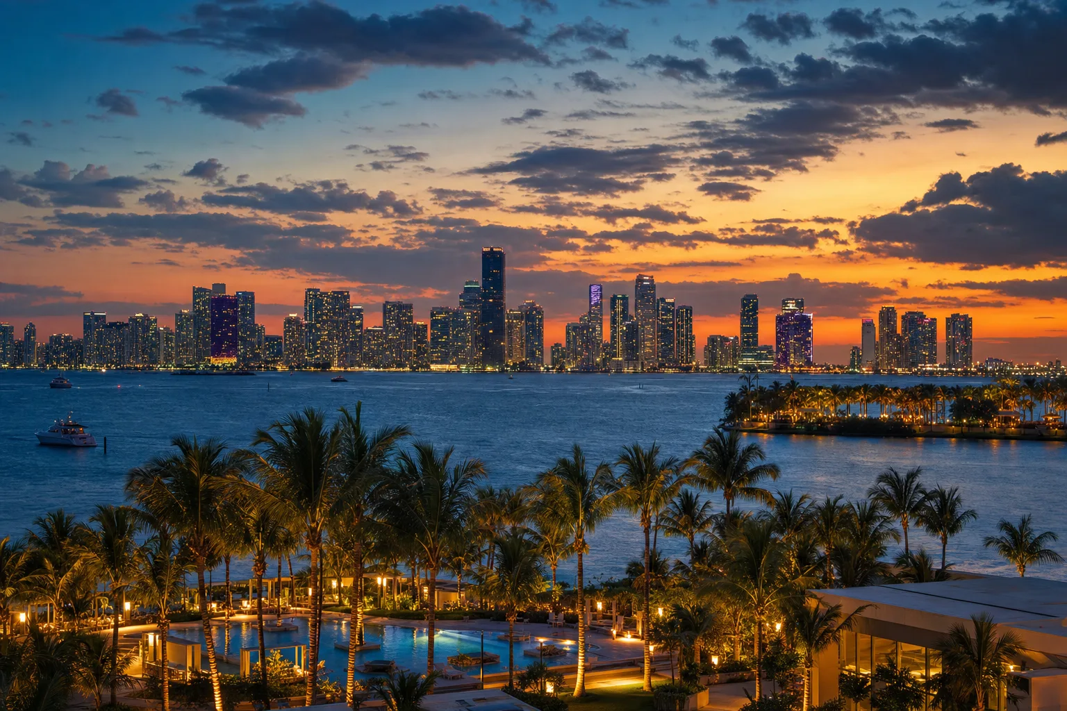 Miami, FL skyline at dusk, served by Monarch chauffeur and limo service
