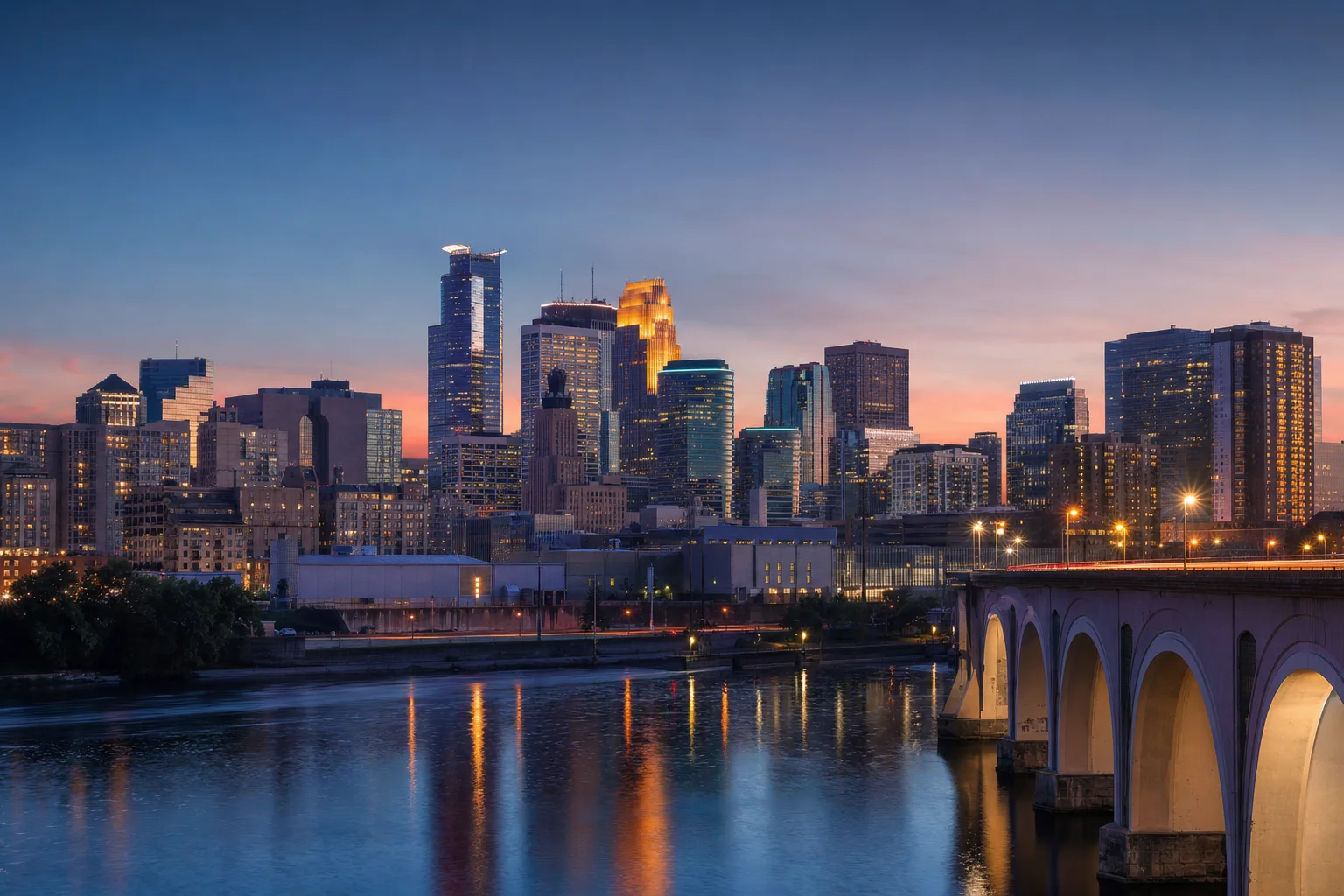 Minneapolis and St. Paul, MN skyline at dusk, served by Monarch chauffeur service