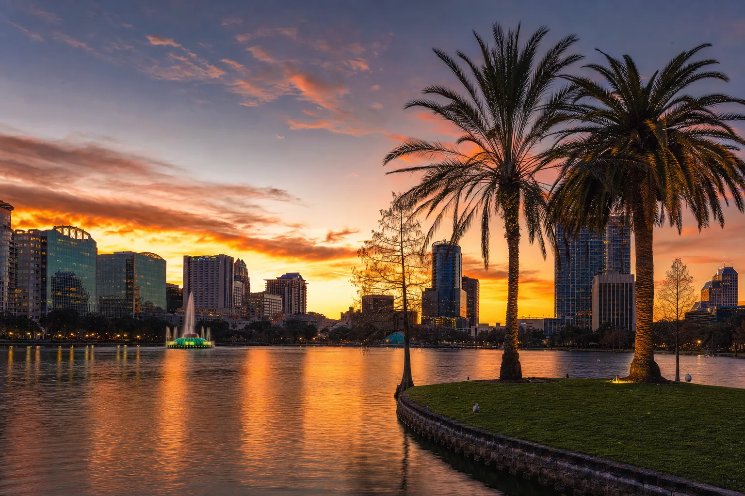 Orlando, FL skyline at dusk, served by Monarch chauffeur service