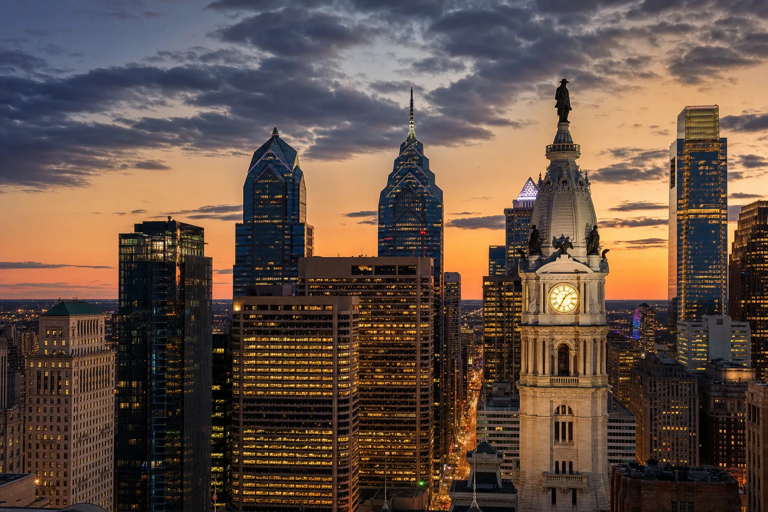 Philadelphia, PA skyline at dusk, served by Monarch chauffeur service
