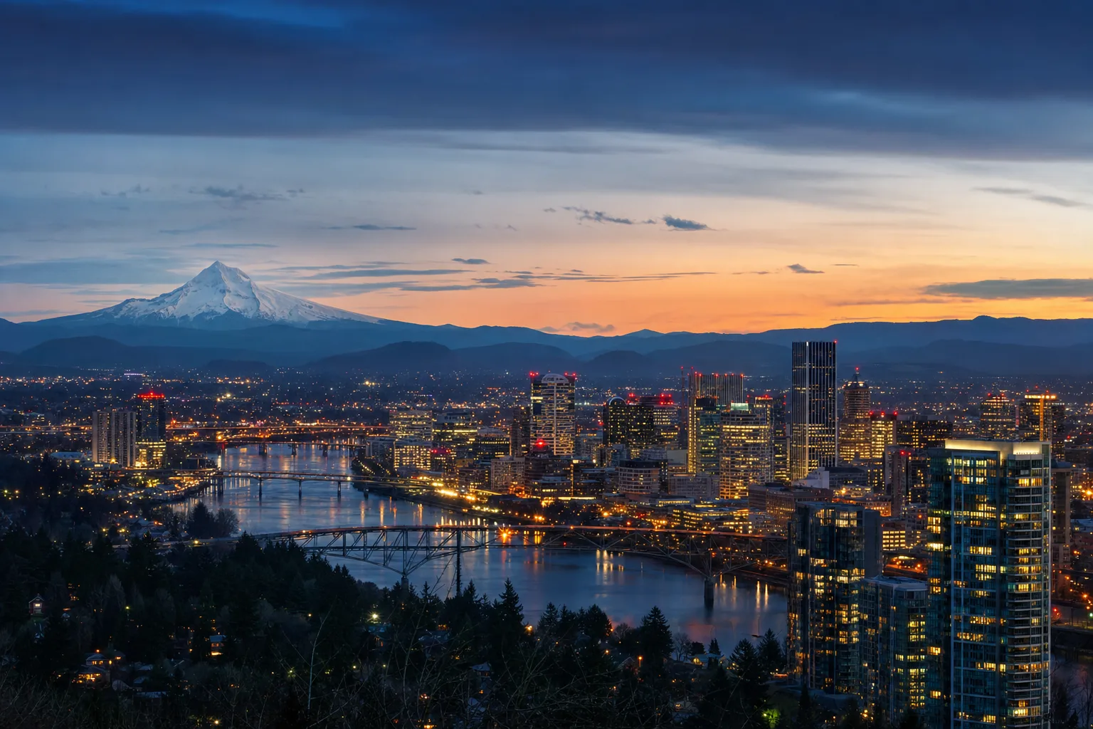 Portland, OR skyline at dusk, served by Monarch chauffeur service