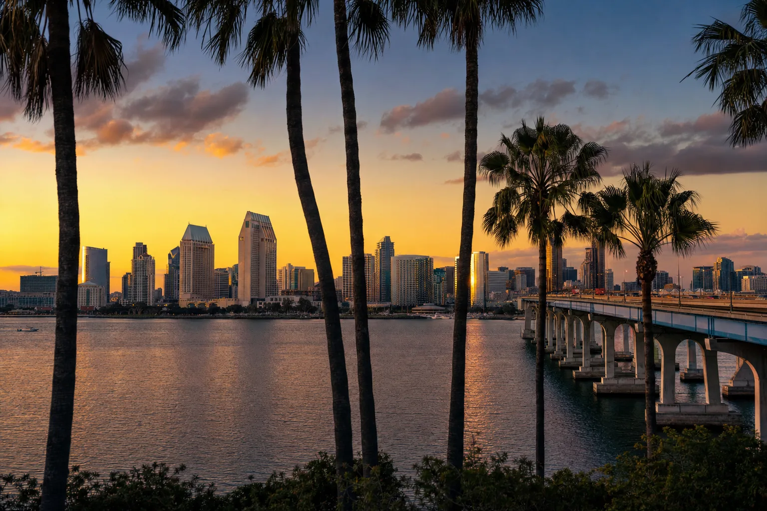 San Diego, CA skyline at dusk, served by Monarch chauffeur service