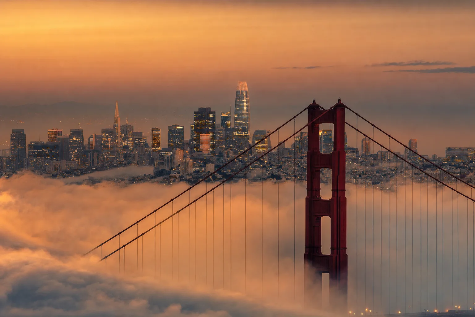 San Francisco, CA skyline at dusk, served by Monarch chauffeur service