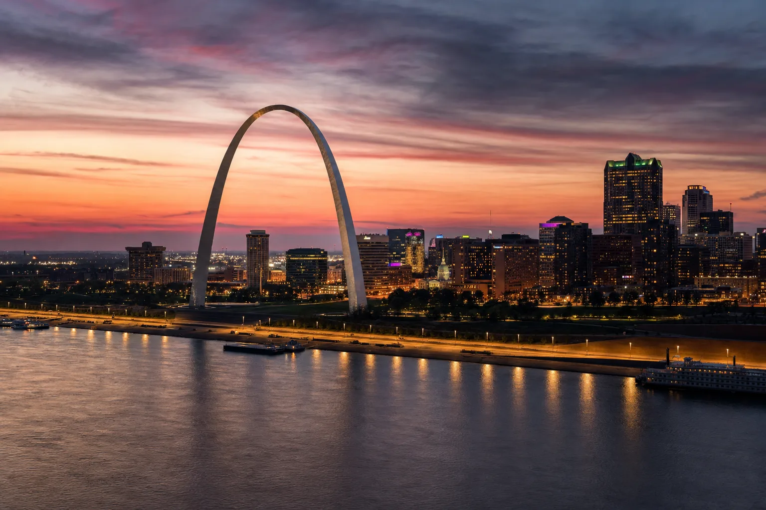 St. Louis, MO skyline at dusk, served by Monarch chauffeur service