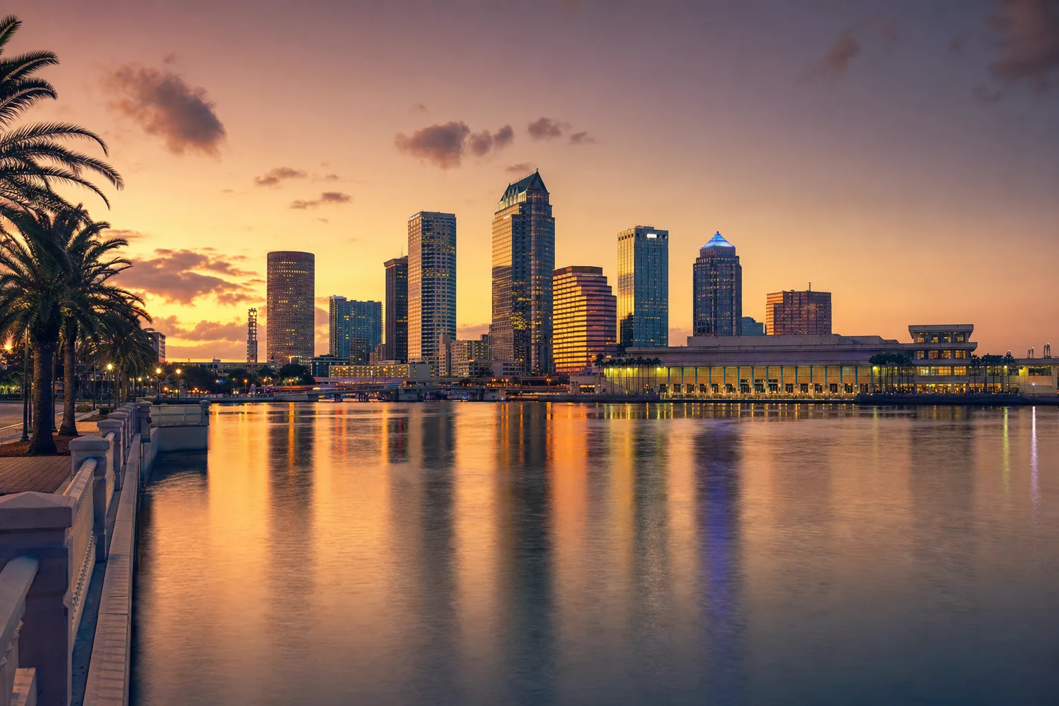 Tampa, FL skyline at dusk, served by Monarch chauffeur service