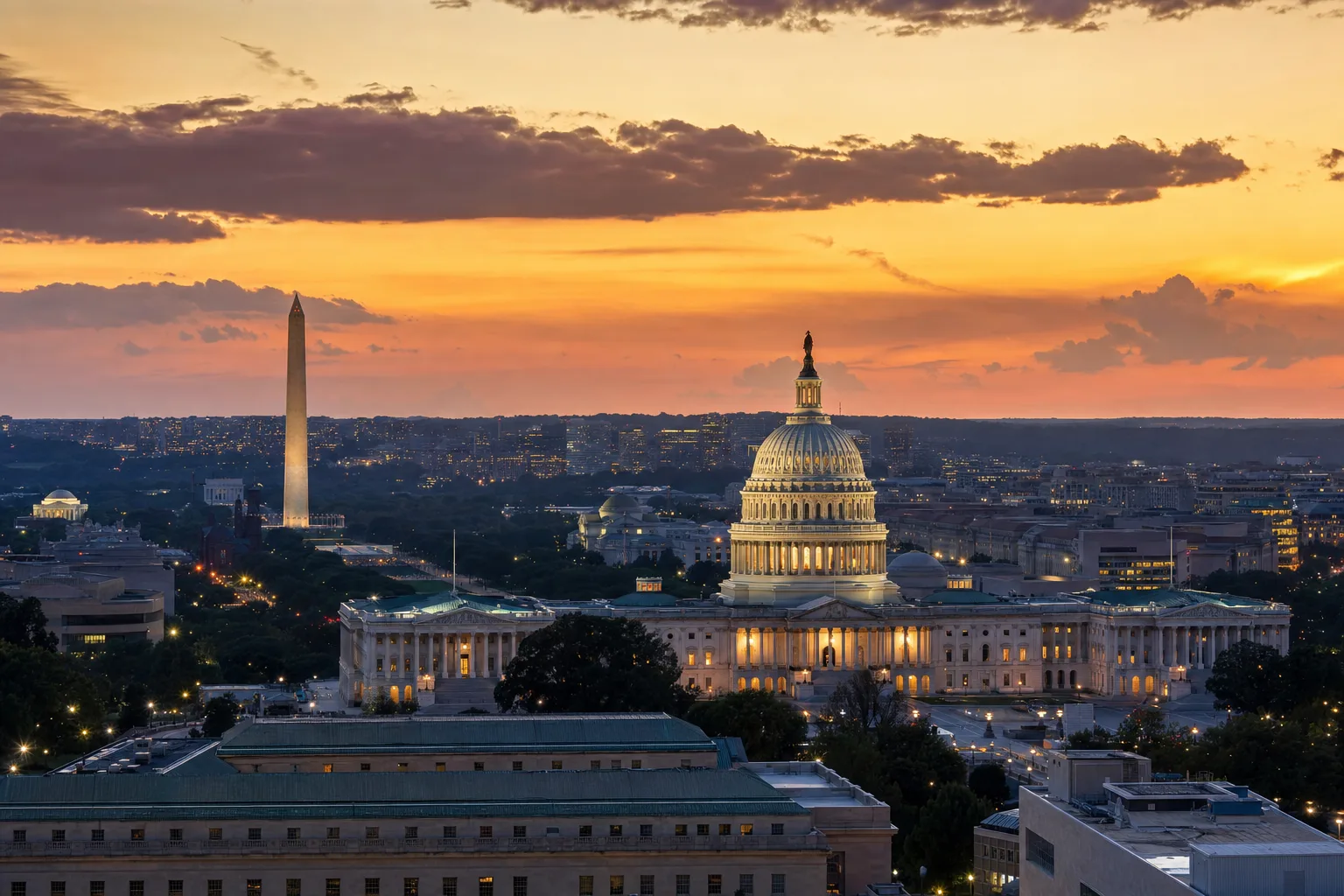 Washington, D.C. skyline at dusk, served by Monarch chauffeur service