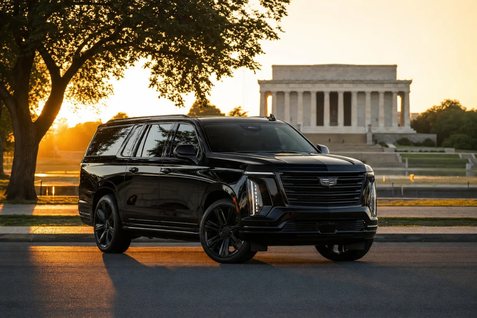 Black Cadillac Escalade ESV near the Lincoln Memorial in Washington DC at golden hour