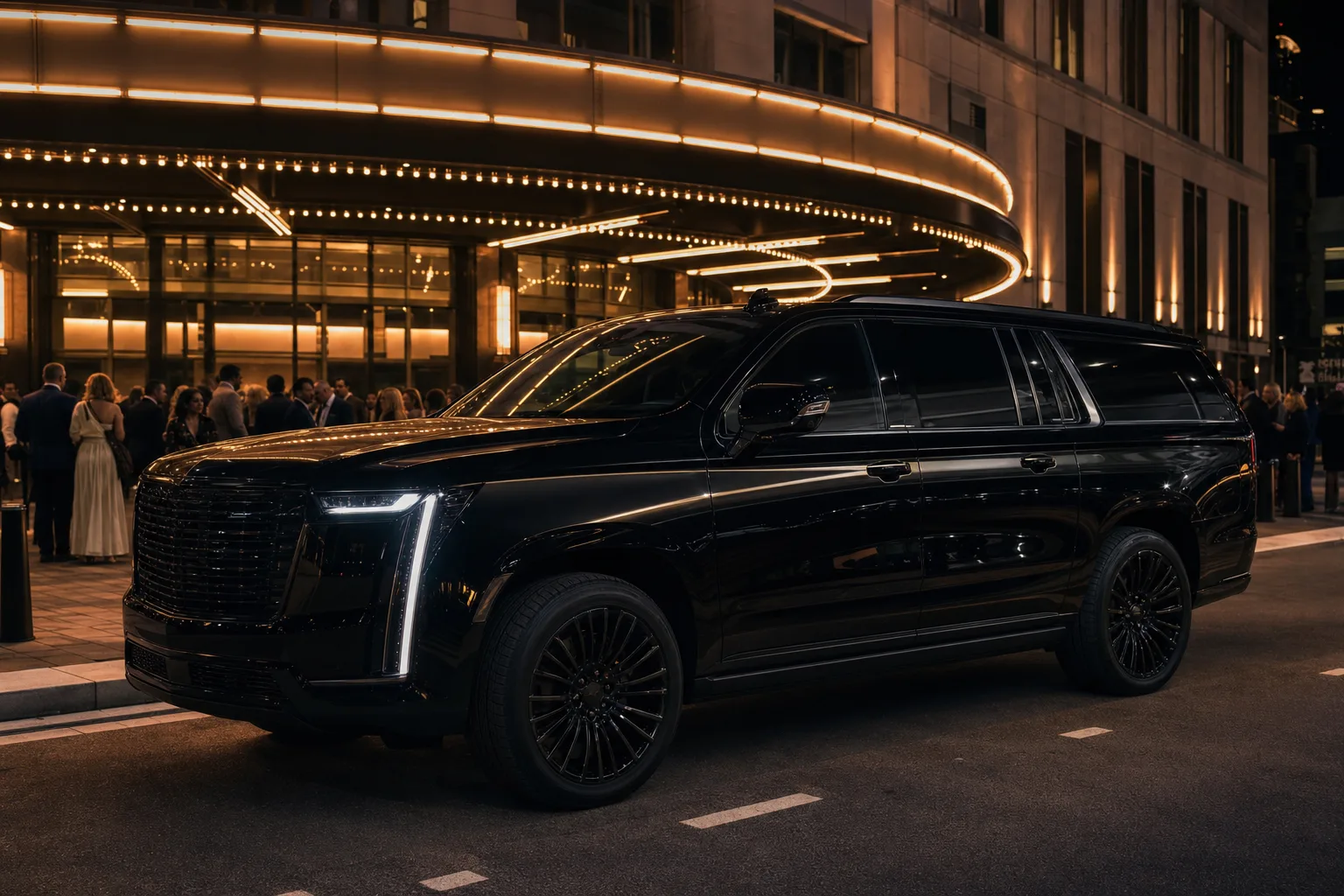 Black Cadillac Escalade ESV outside a concert arena at night with marquee lights