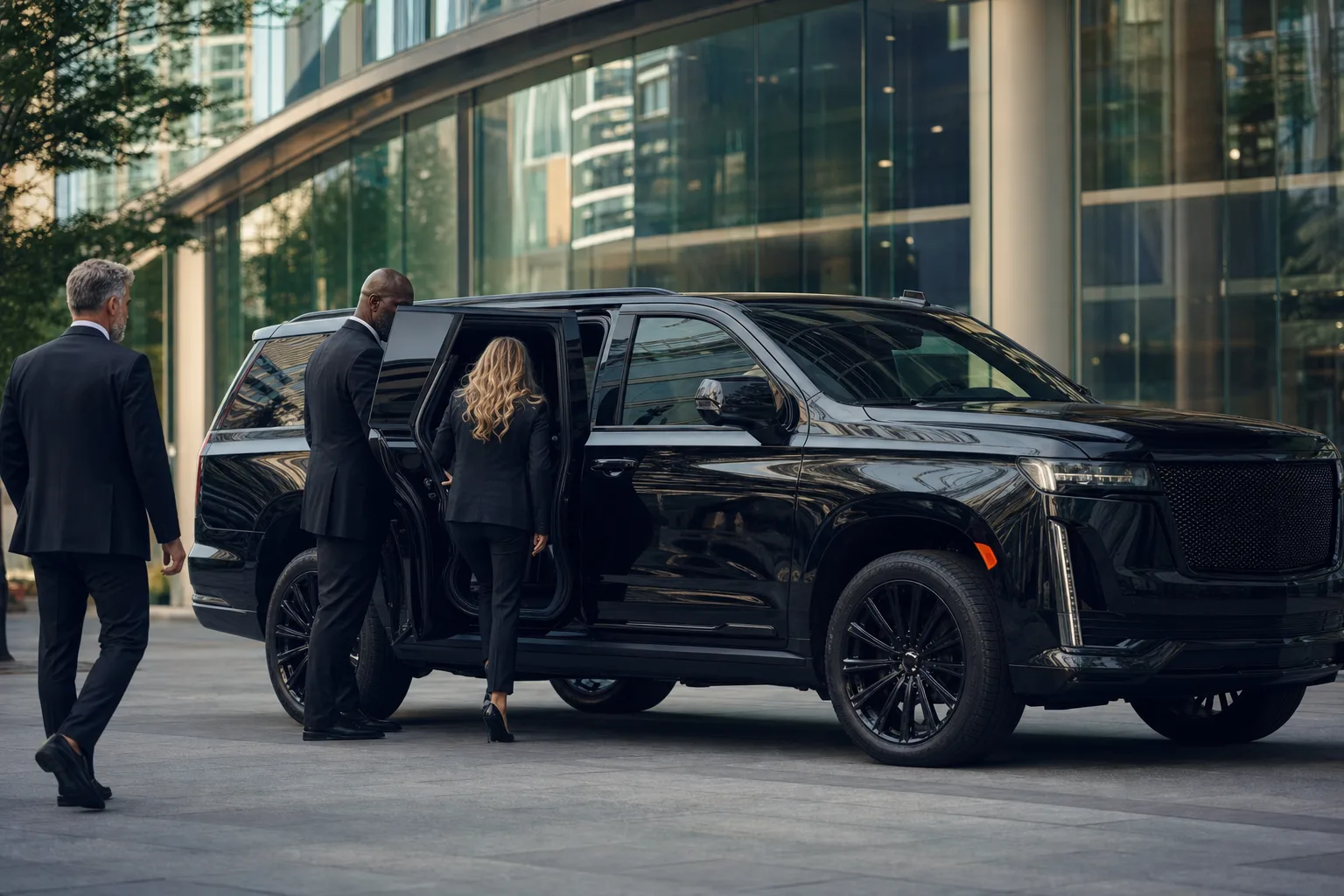 Black Cadillac Escalade ESV outside a glass corporate tower in Tysons Corner