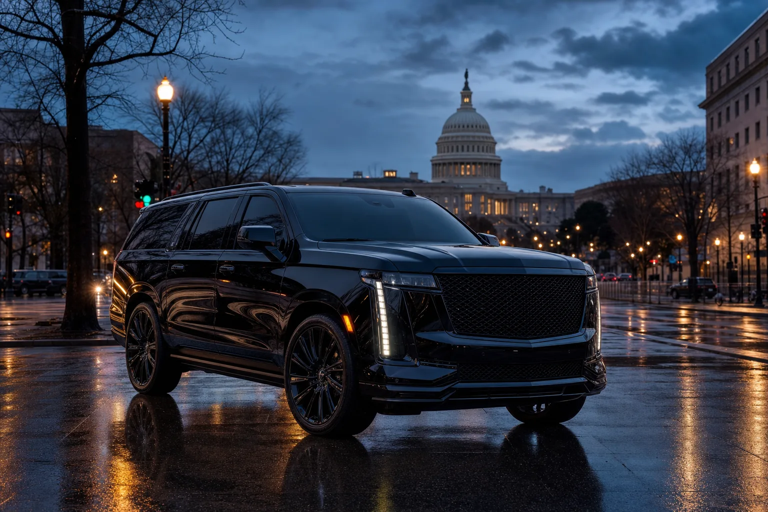 Black Cadillac Escalade ESV luxury SUV for DMV airport transfers