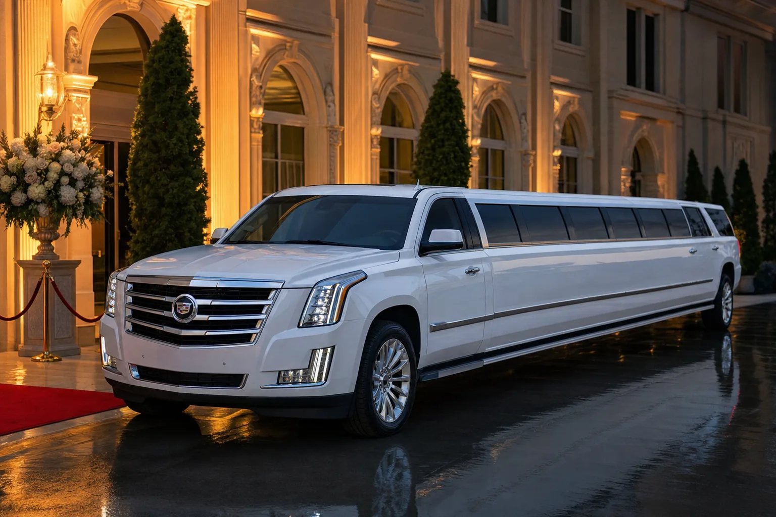White Cadillac Escalade stretch limousine for weddings and milestone celebrations