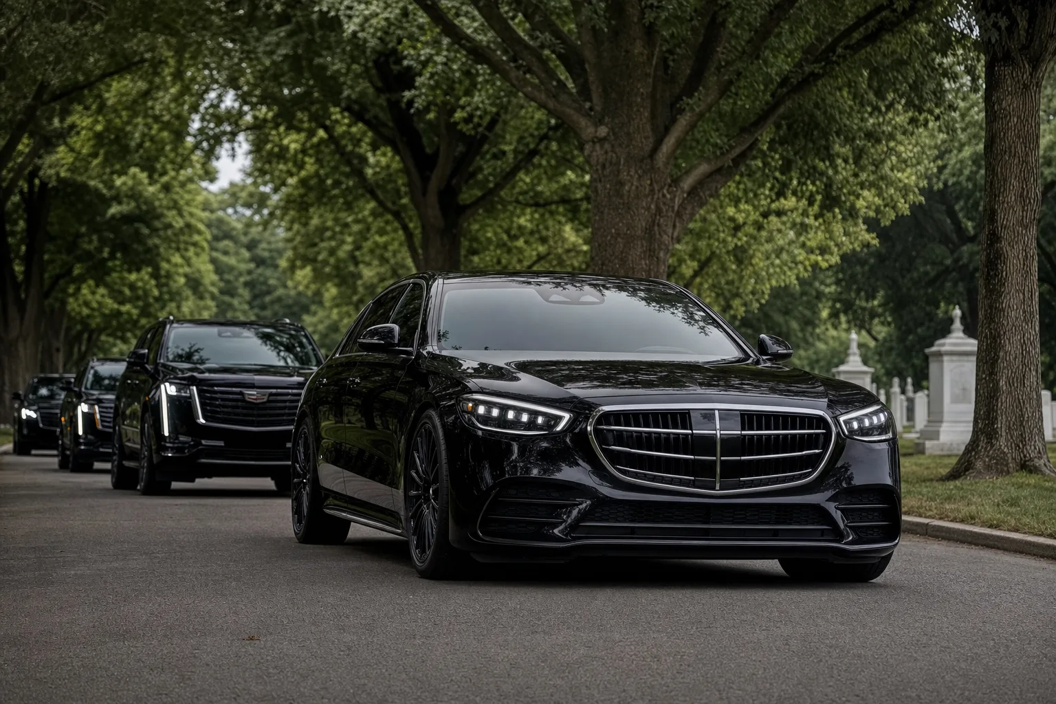 Dignified black Mercedes S580 in a quiet funeral procession under soft light