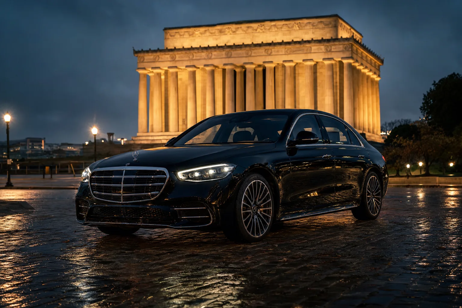 Black Mercedes-Benz S580 luxury sedan arriving at a glowing Washington DC monument at dusk for premium chauffeur service