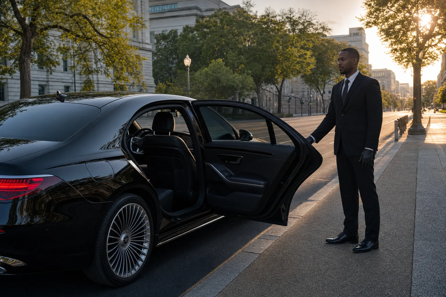 Black Mercedes-Benz S580 with a chauffeur holding the door open on a Washington DC street