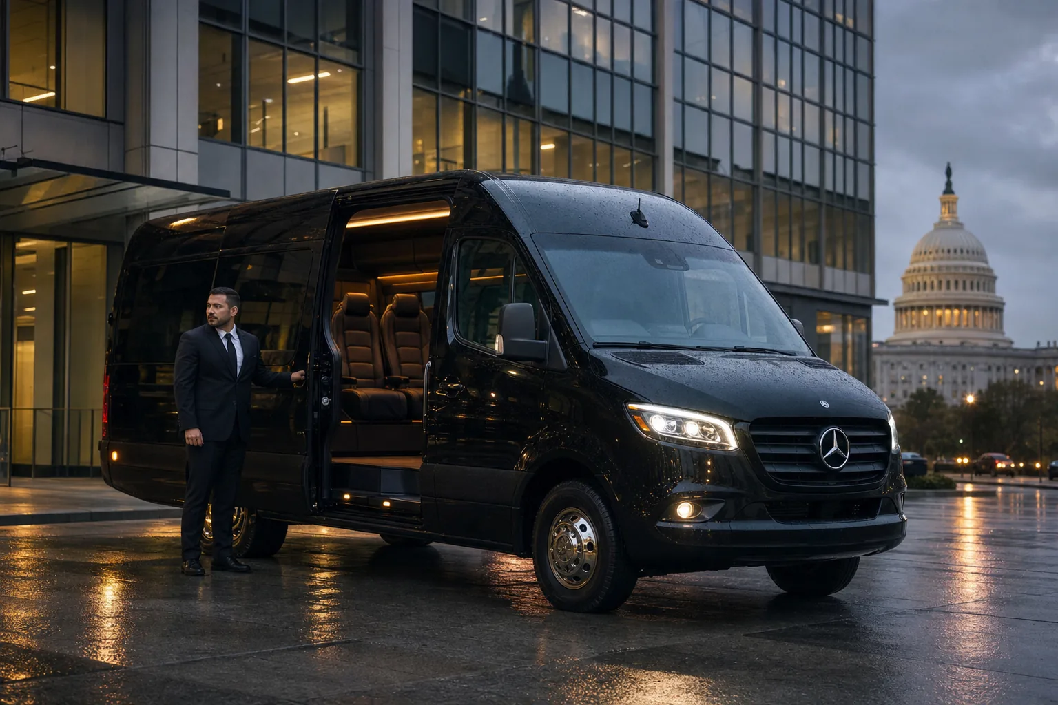 Black Mercedes Sprinter executive van for group travel in Washington DC