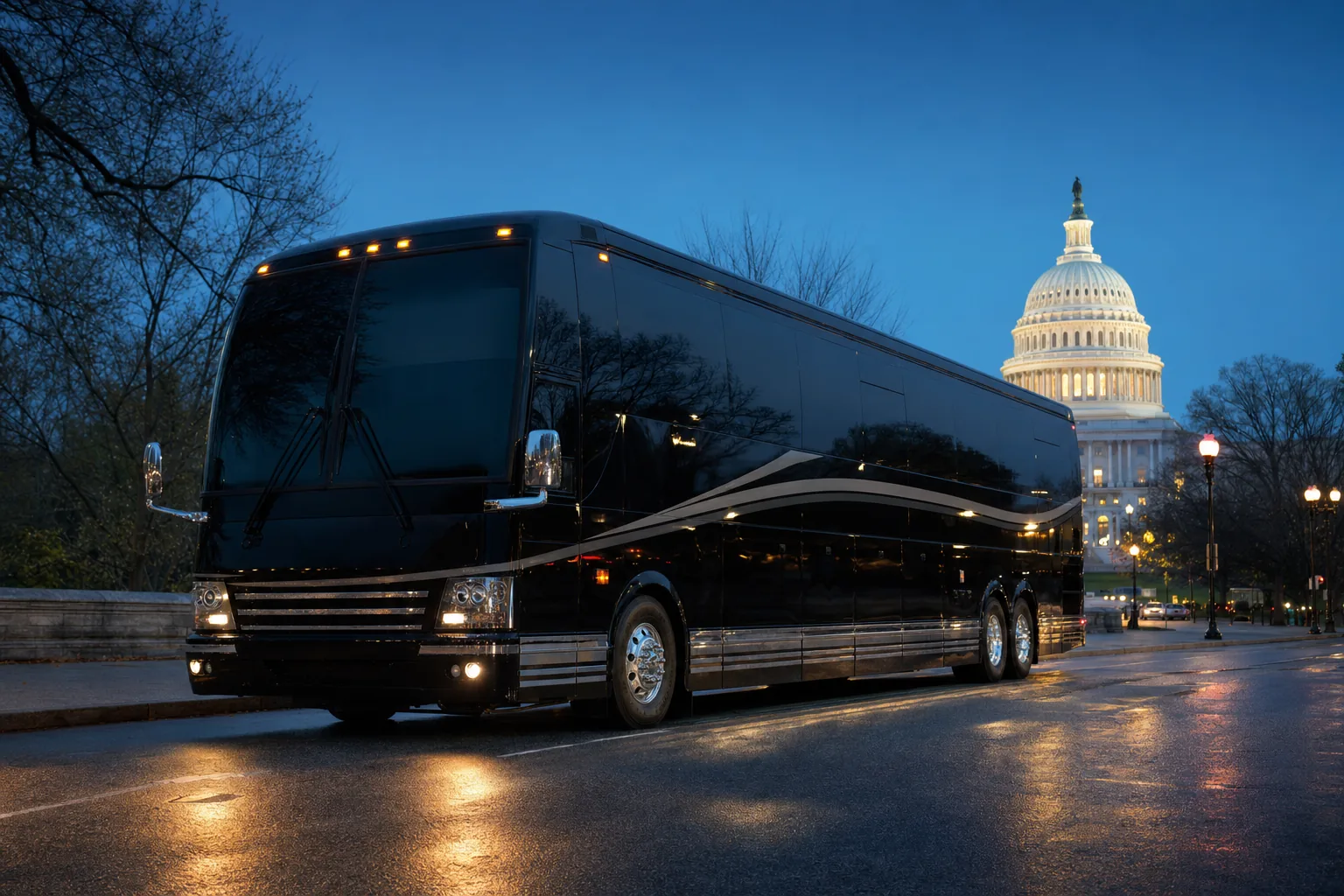 Black luxury motor coach for large group transportation across the DMV