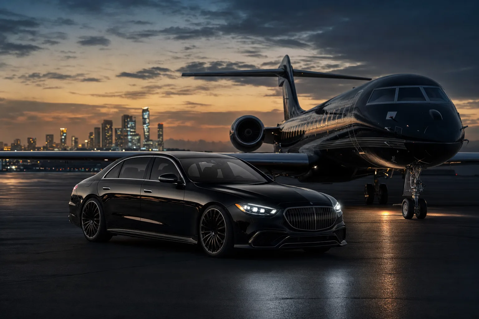 Black luxury sedan beside a private jet on an airport tarmac at dusk with a city skyline in the distance
