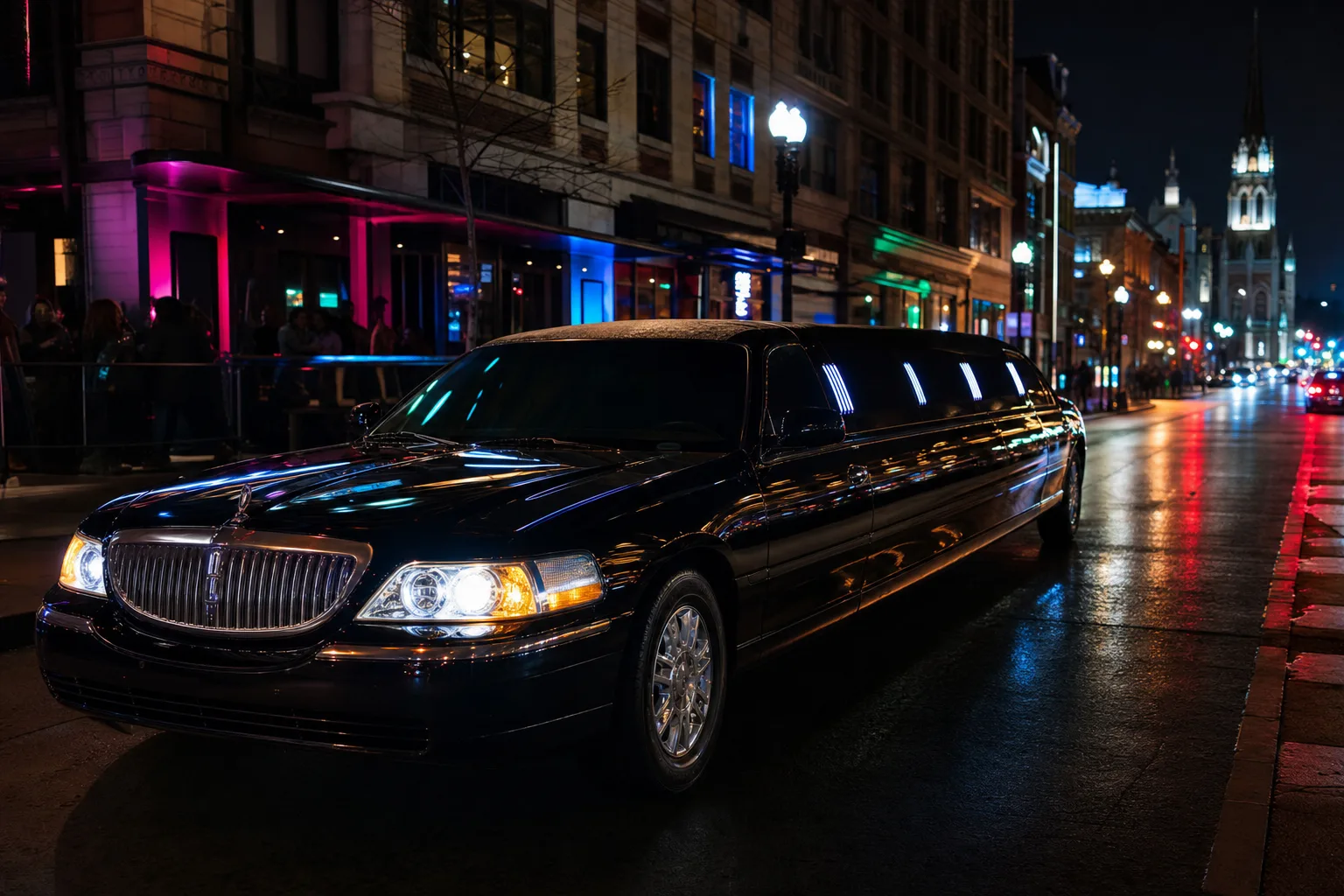 Black Lincoln stretch limousine on a Washington DC night street with neon reflections