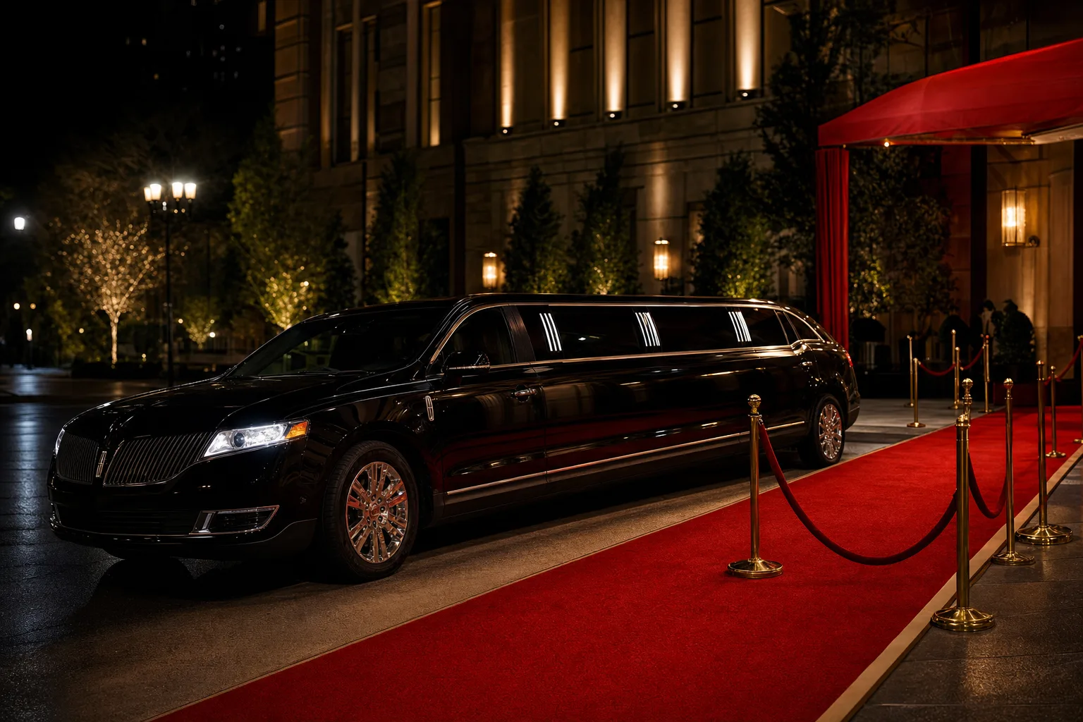 Black Lincoln MKT stretch limousine at a gala entrance with a red carpet at night