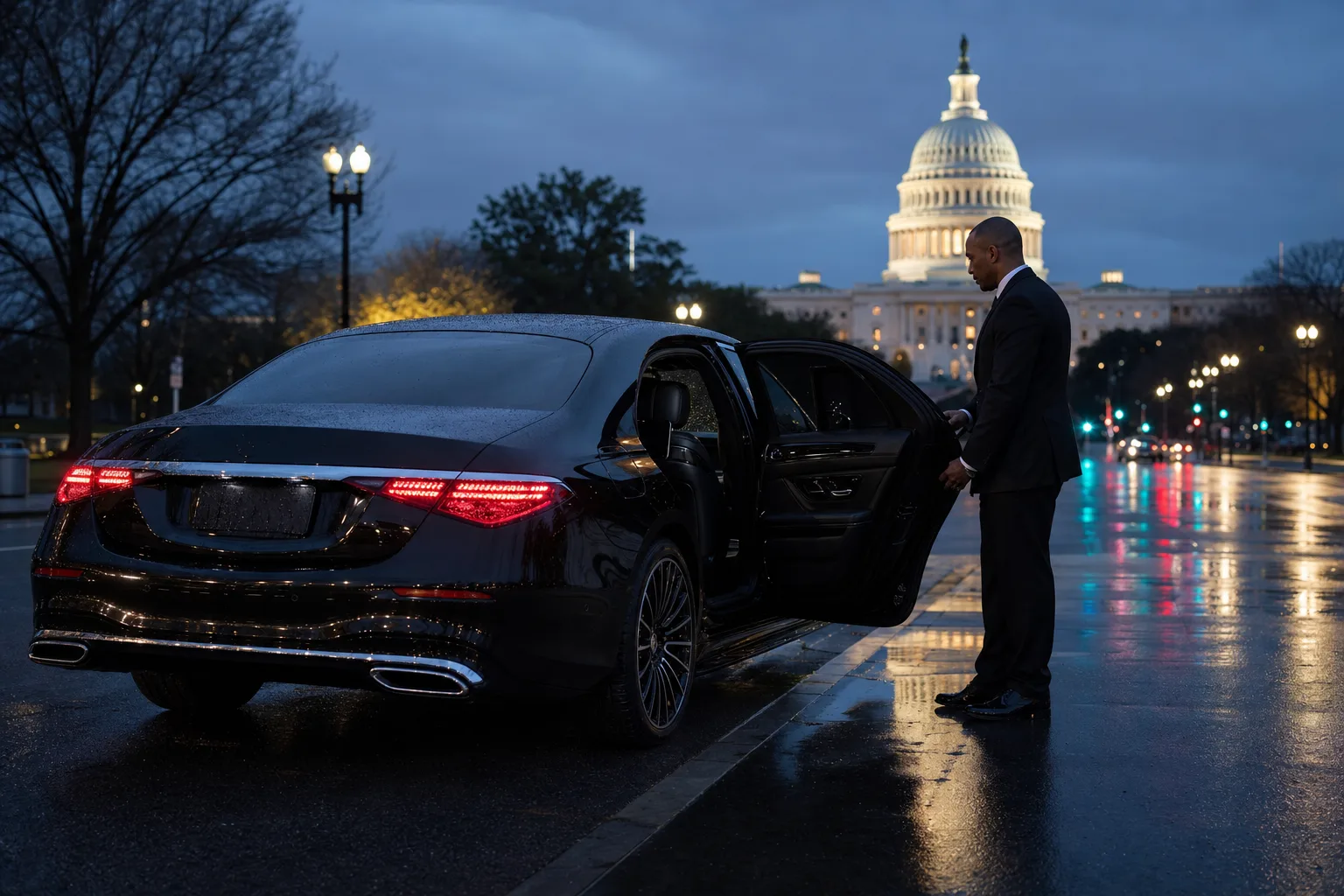 Mercedes-Benz S580 arriving at the curb in Washington DC