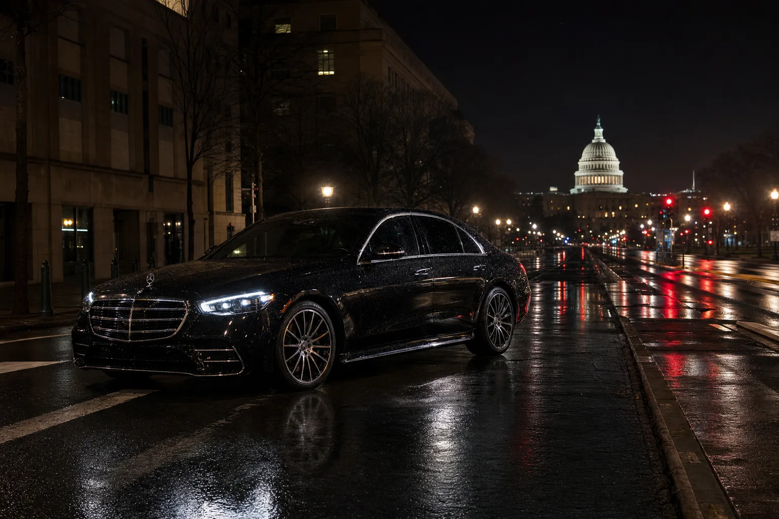Lone black luxury sedan on a dramatic dark road at night with cinematic lighting