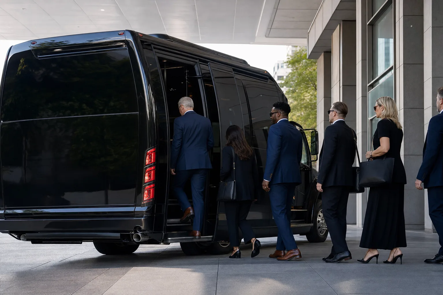 Black luxury mini bus at a convention center entrance with a group boarding
