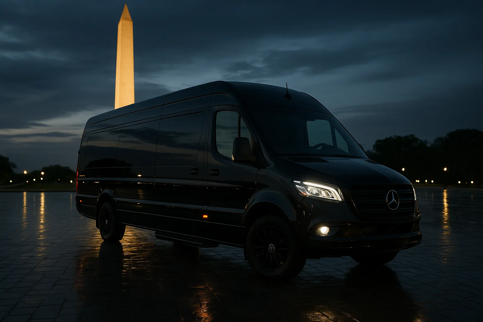 Black Mercedes Sprinter limousine for nights out and celebrations in the DMV