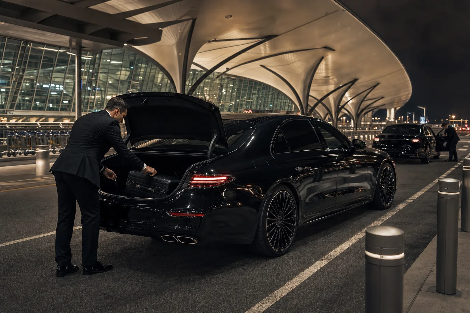 Black luxury sedan at the airport serving Chantilly, VA