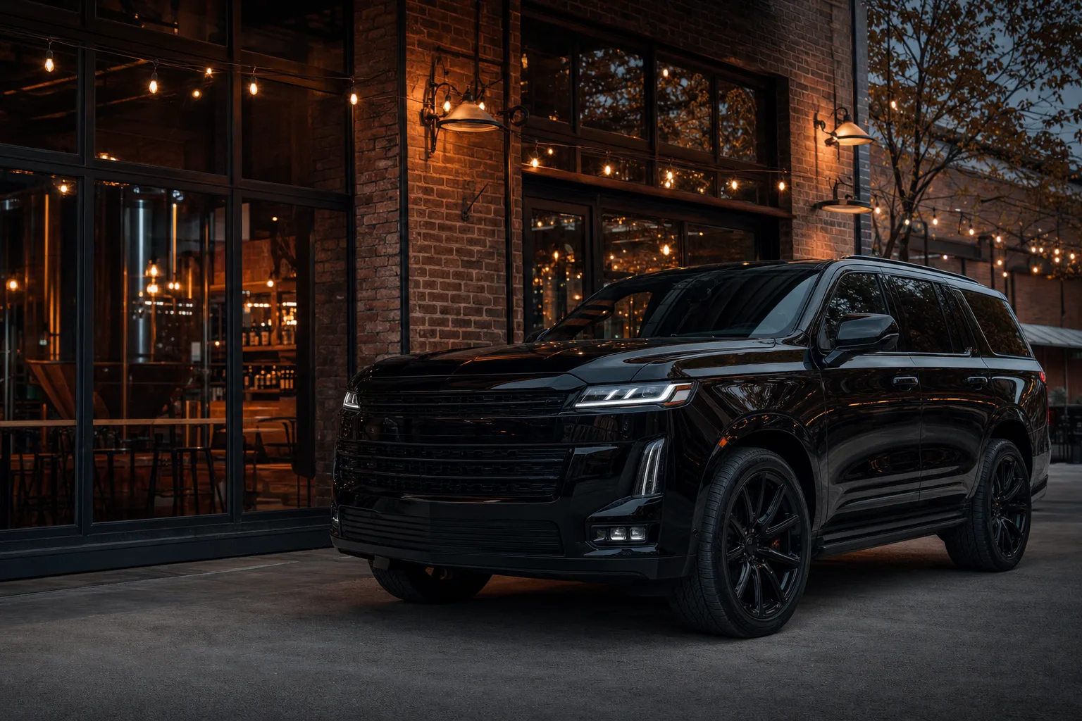 Black luxury SUV outside an upscale Loudoun County craft brewery in the evening