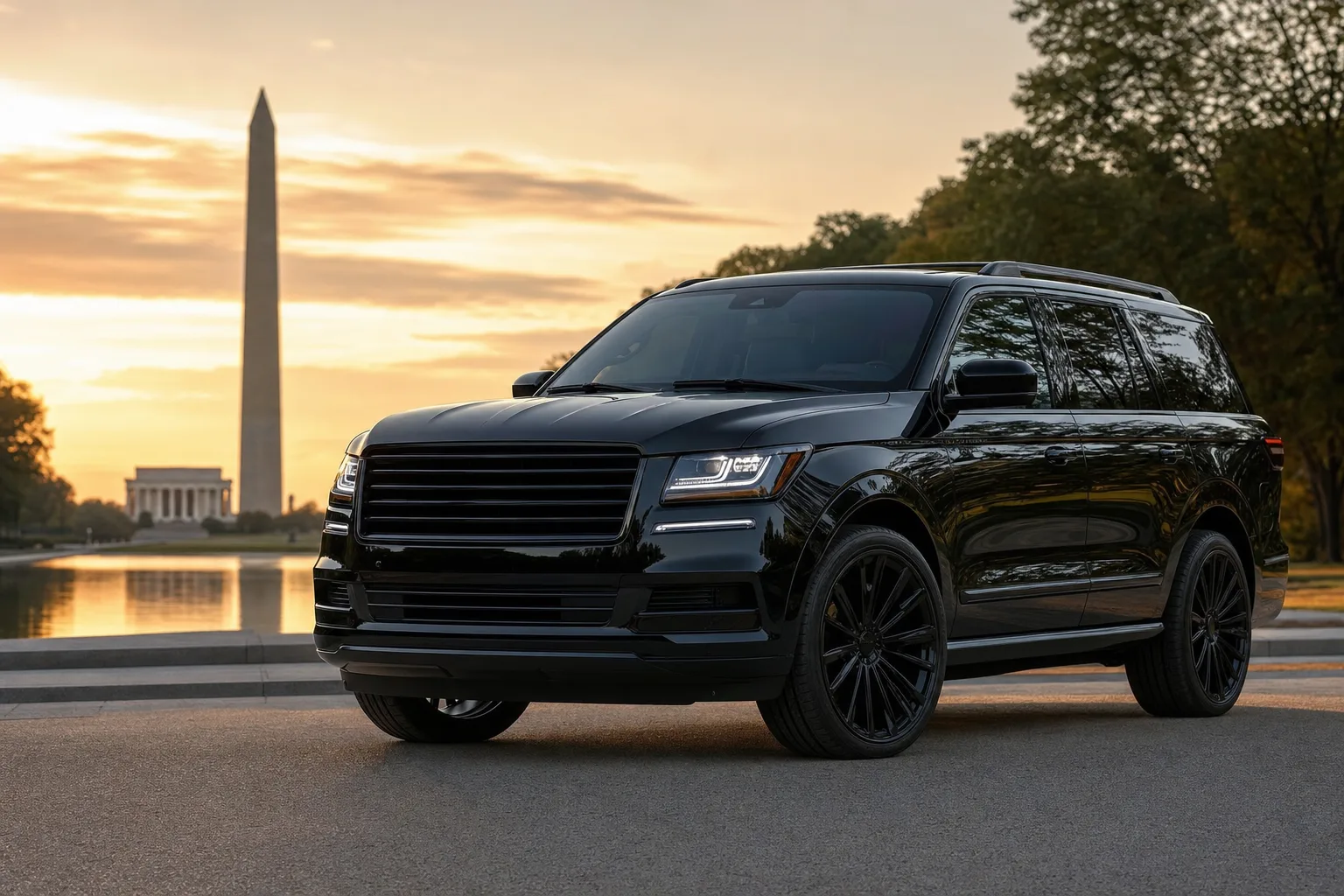 Black luxury SUV near the Lincoln Memorial in Washington DC at golden hour