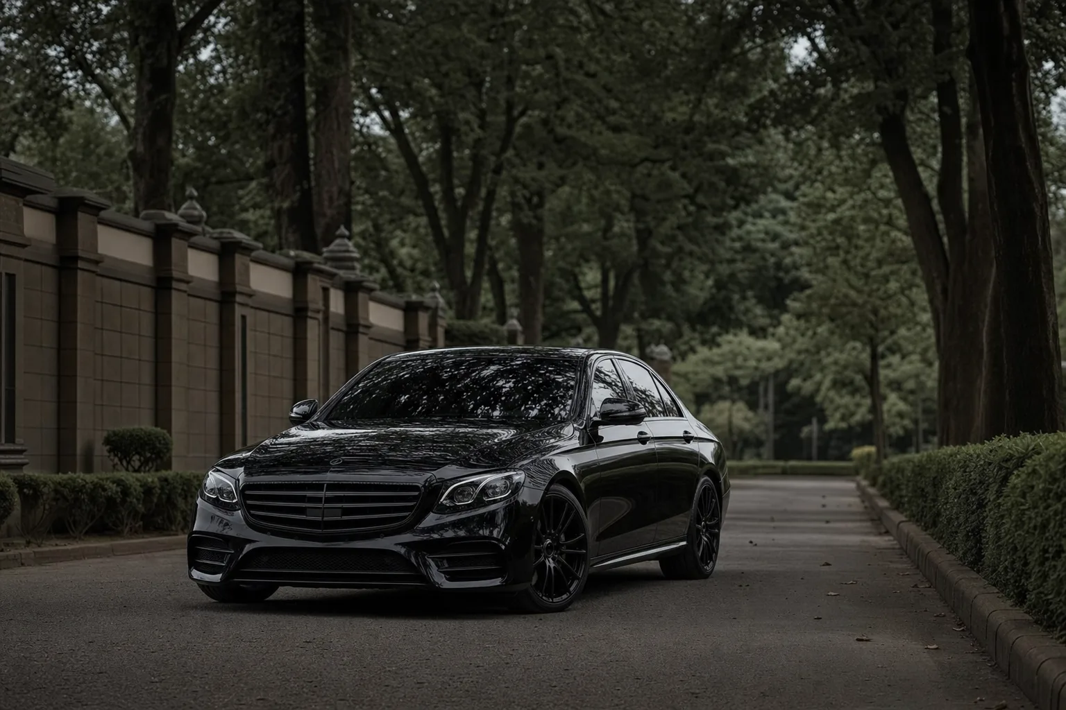 Dignified black luxury sedan on a quiet tree lined lane under soft overcast light