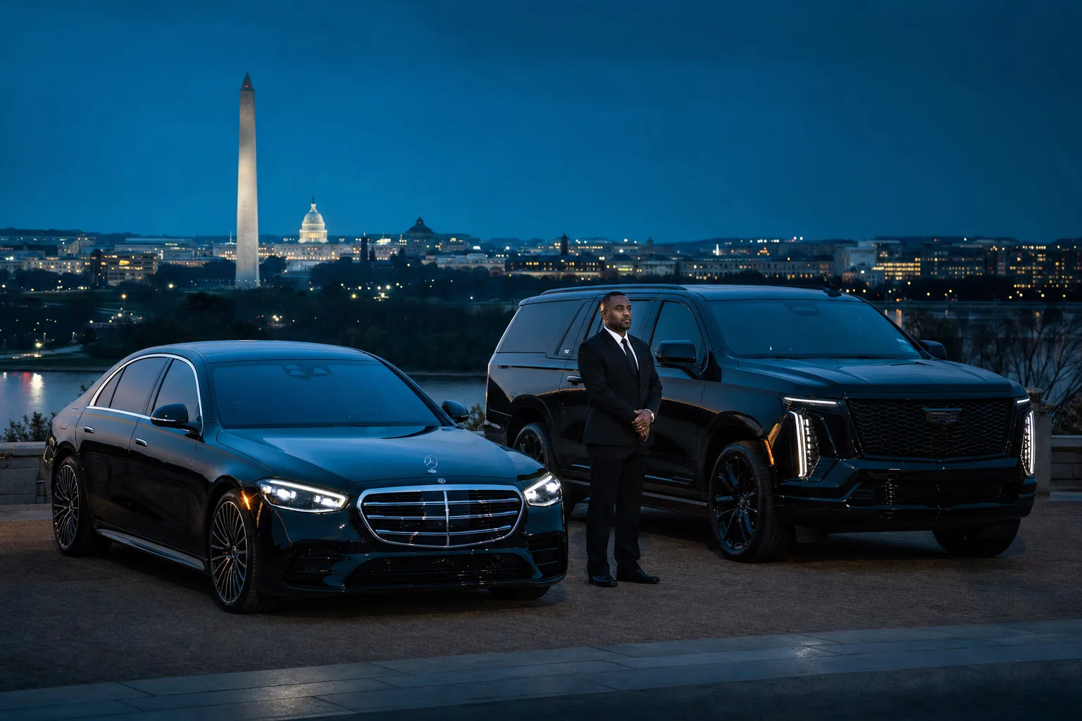 Black Mercedes-Benz S580 and Escalade fleet with a chauffeur before the Washington DC skyline at dusk