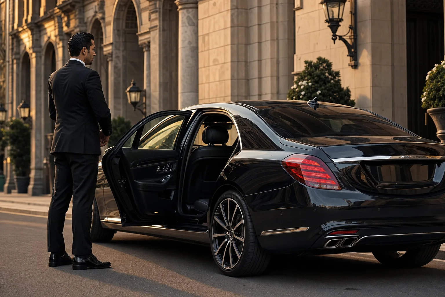 Black luxury sedan with a chauffeur holding the rear door open on a city street