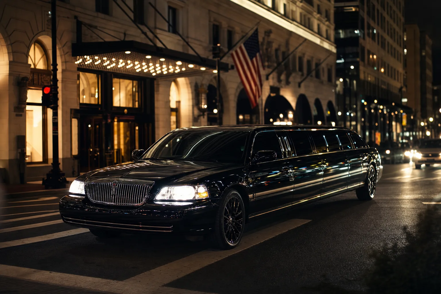 Black luxury limousine on a Washington DC city street at night with neon reflections