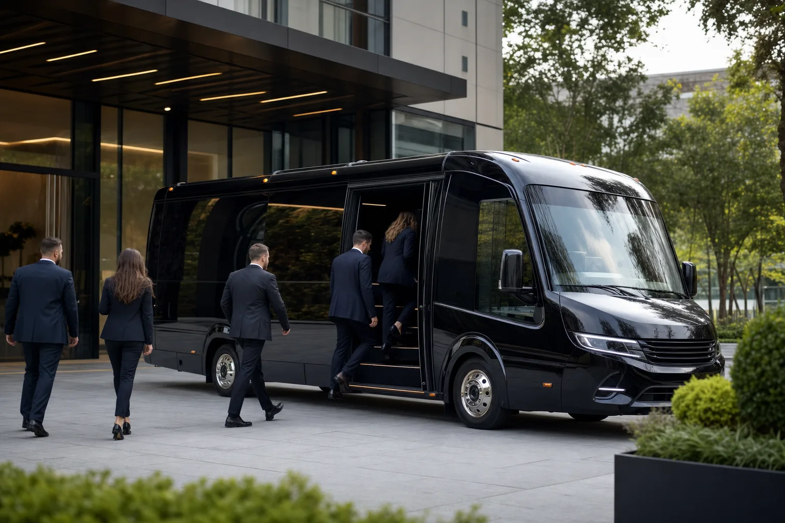 Black luxury mini bus shuttle at a corporate campus entrance in daytime