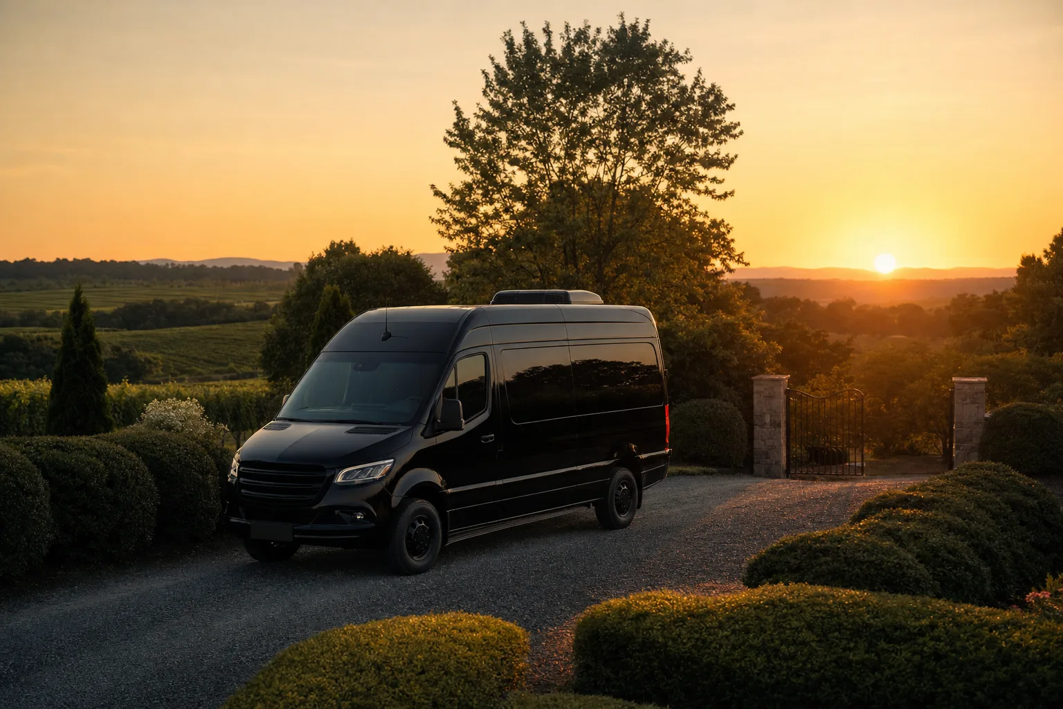 Black Mercedes Sprinter at a Loudoun County vineyard for a chauffeured wine tour