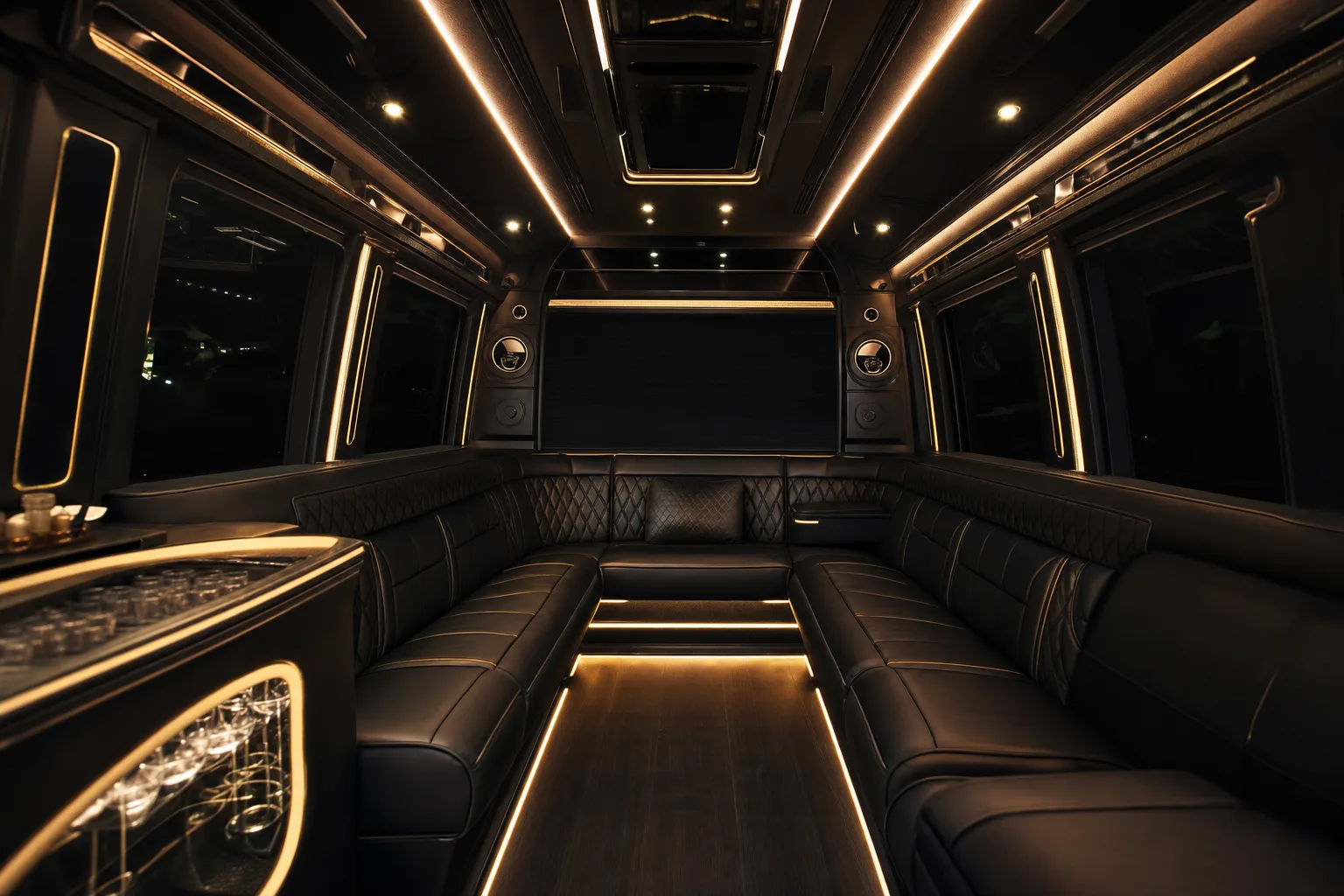Luxury mini bus lounge interior with black leather seating and no poles