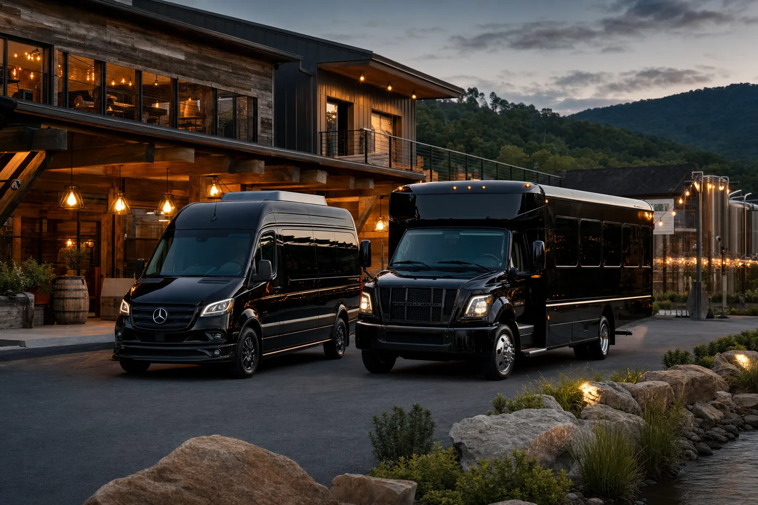 Black Mercedes Sprinter van and black luxury mini bus outside an upscale brewery in the Blue Ridge foothills at dusk