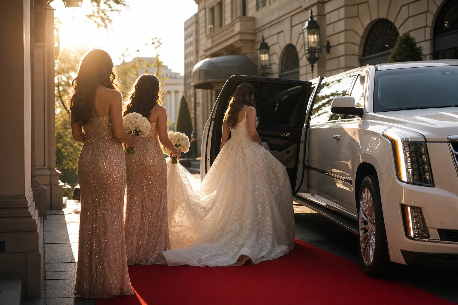 Bride and bridal party boarding a white Cadillac Escalade stretch limousine at a DC venue
