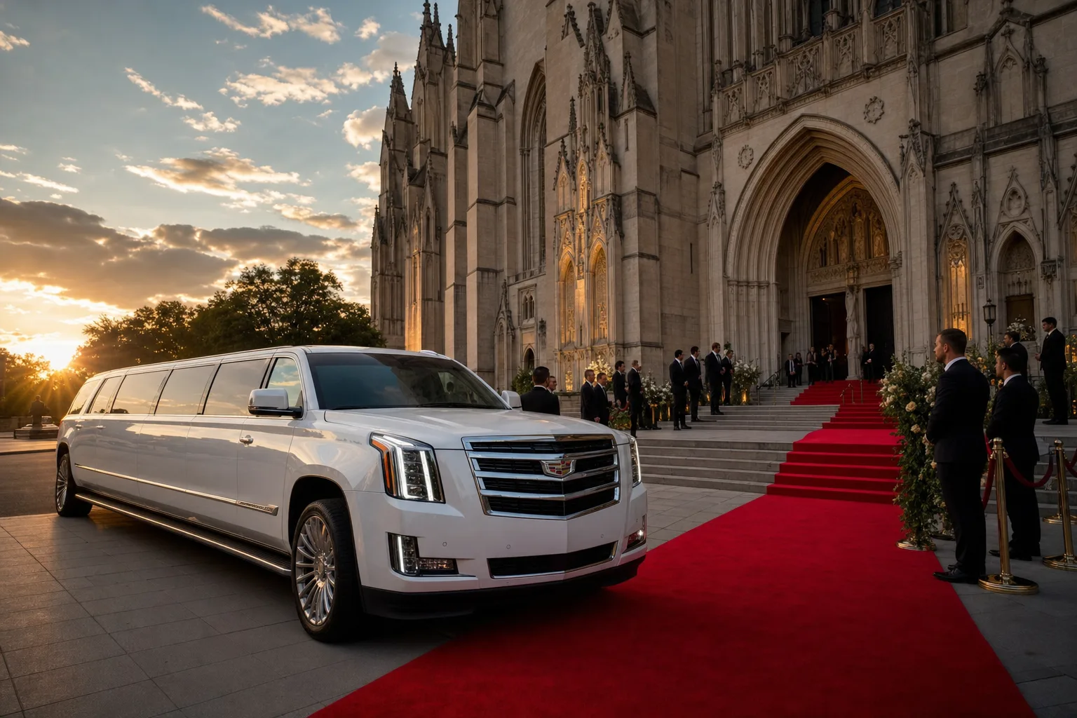 Pristine white Cadillac Escalade stretch limousine waiting outside a grand Washington DC cathedral at golden hour