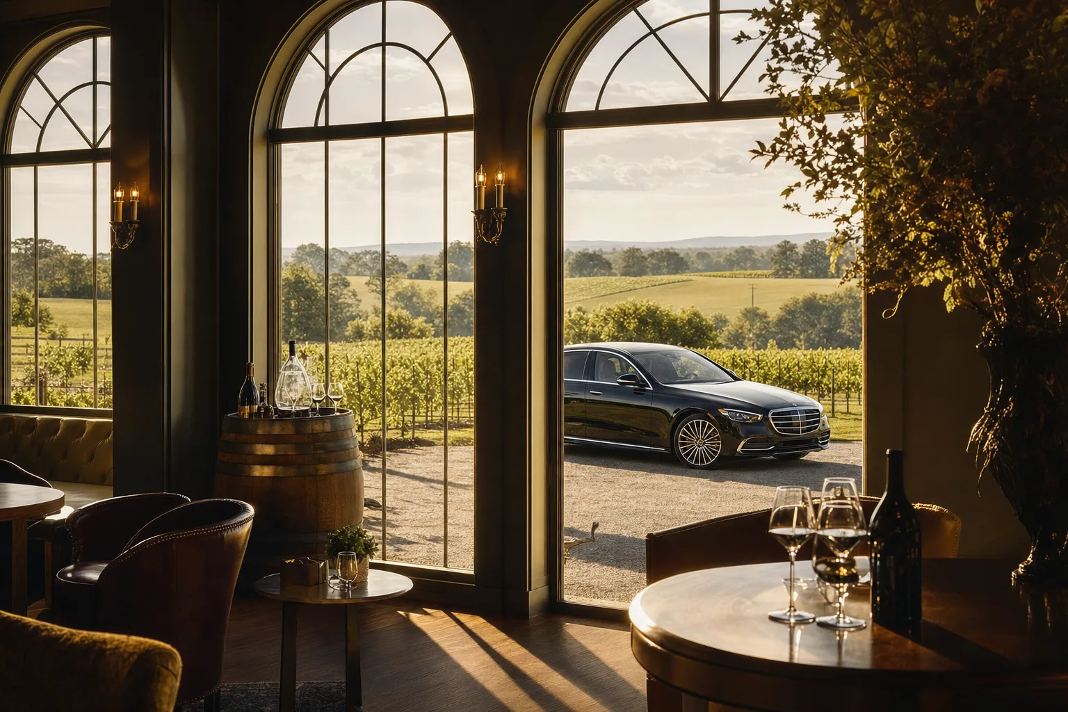 Elegant Middleburg winery tasting room with a black Mercedes S580 outside