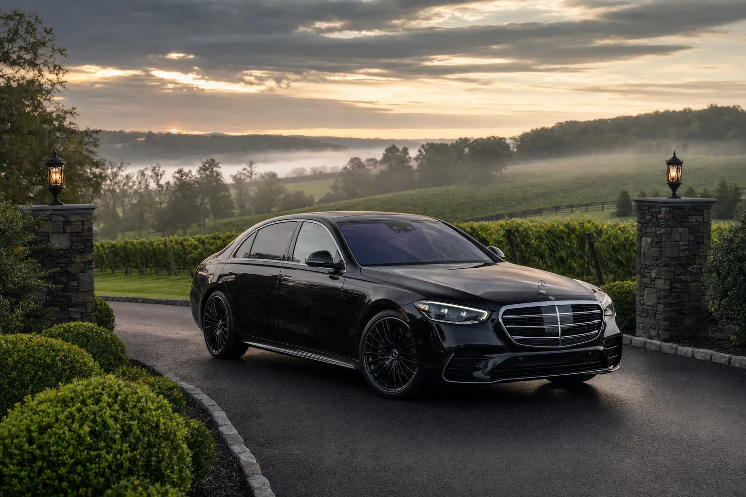 Black Mercedes-Benz S580 parked before a sprawling misty Loudoun County vineyard estate at golden hour