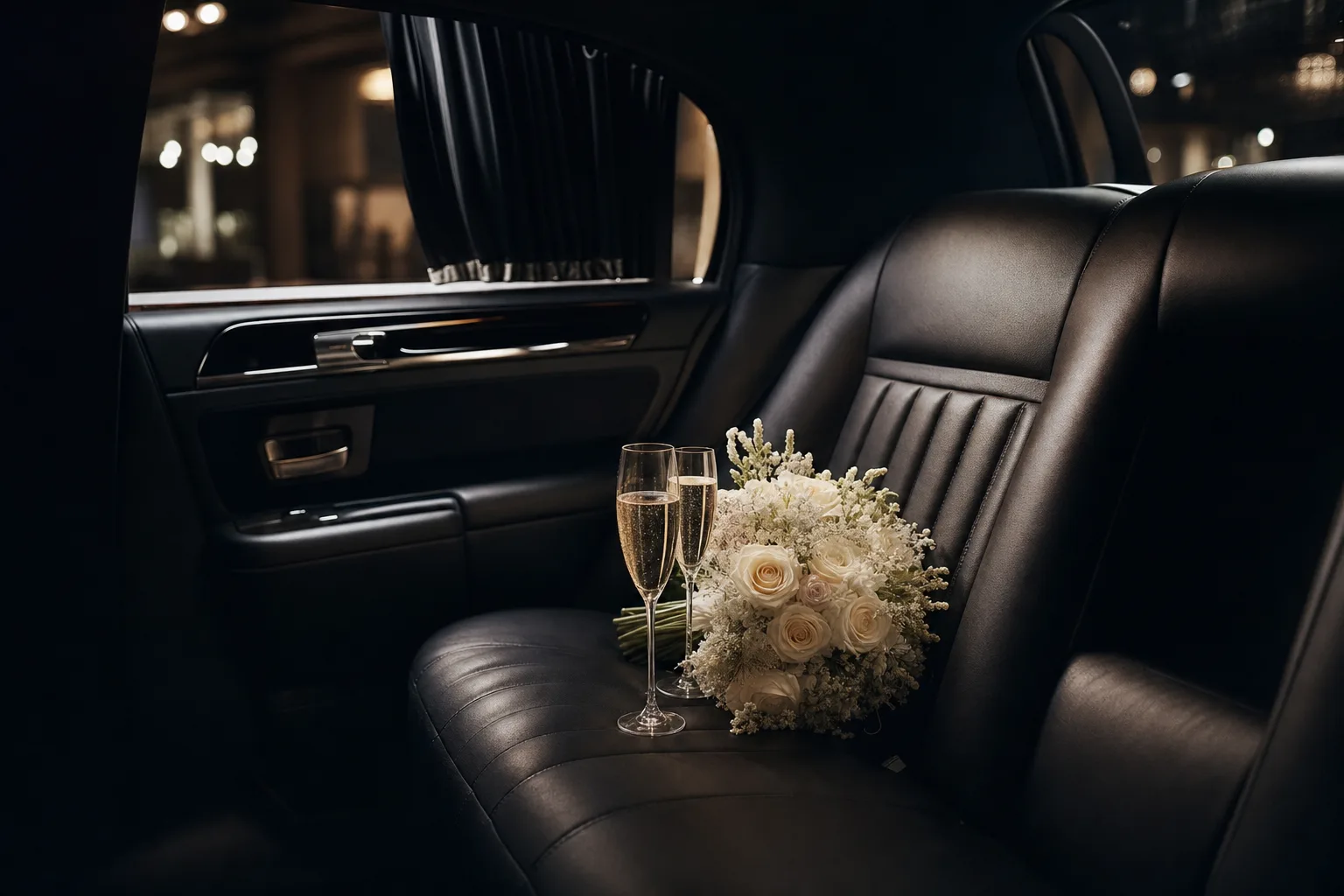 Black wedding limousine interior with champagne and a bridal bouquet