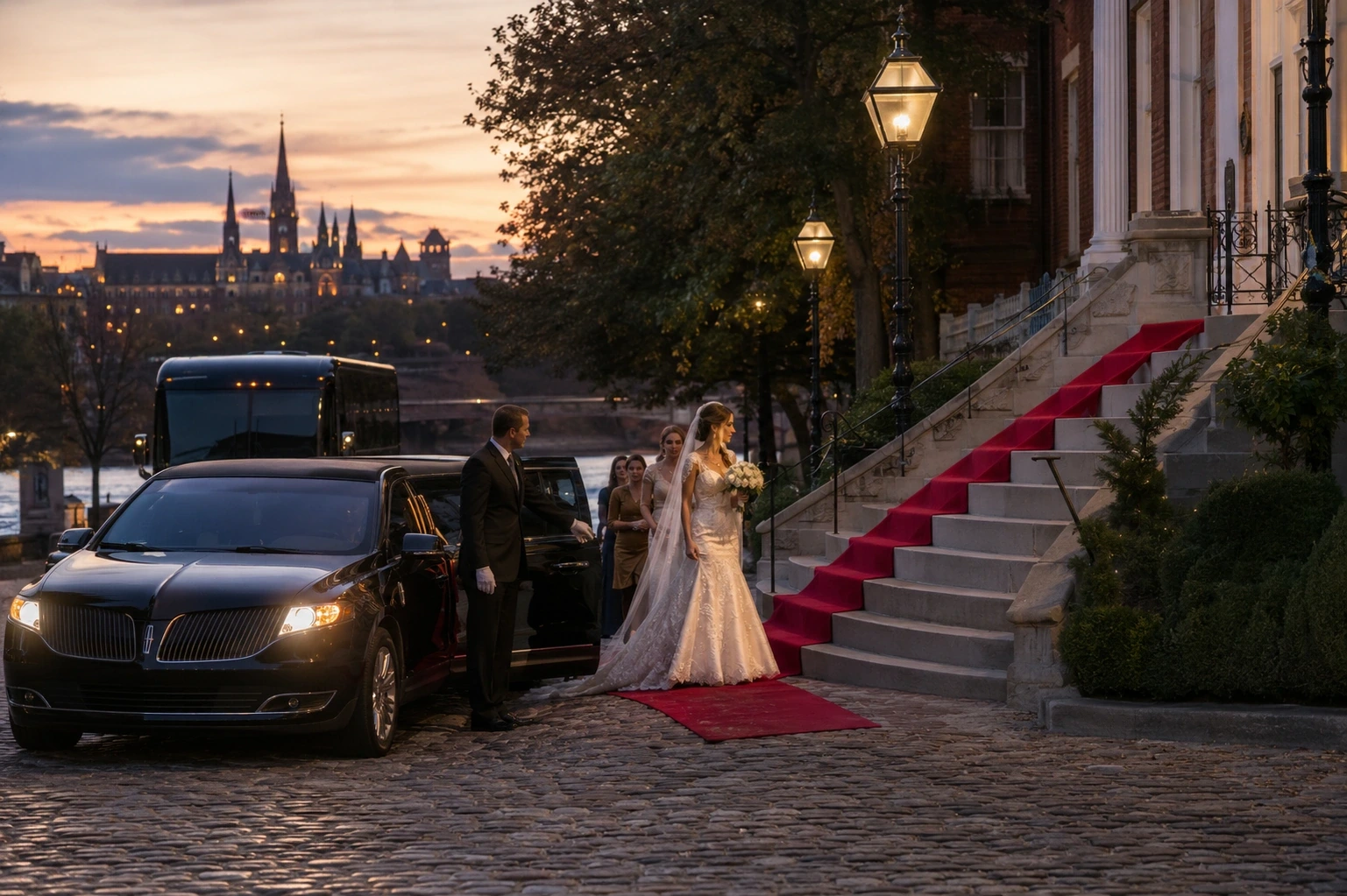Black Lincoln MKT stretch limousine with a white-gloved chauffeur and bride on a red carpet at a Georgetown wedding venue at dusk