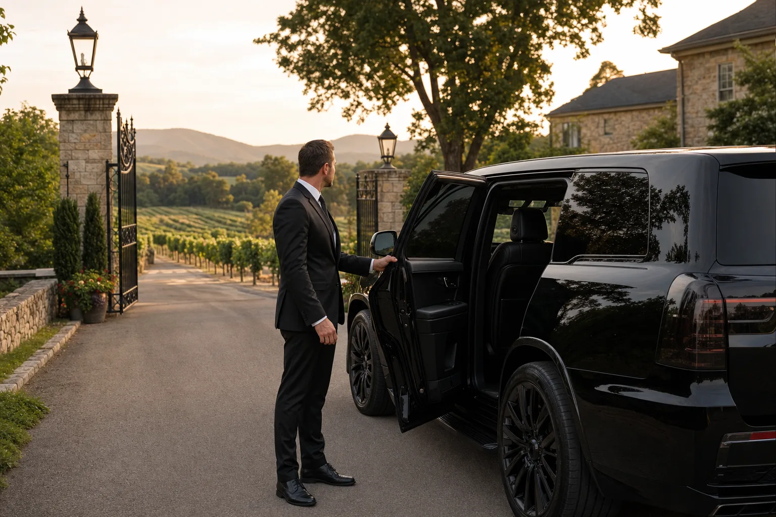 Chauffeur opening the door of a black vehicle at a Virginia vineyard estate