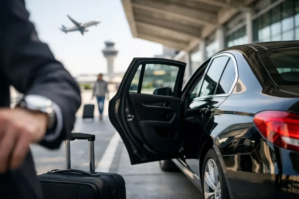 When should airport car arrive, provided by Monarch Bus and Limo in the DMV